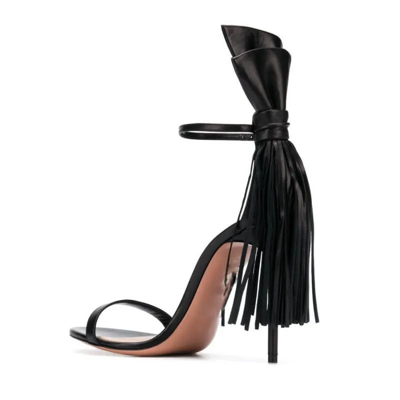 Black Fringe Open Toe Leather Stiletto Heel Sandals