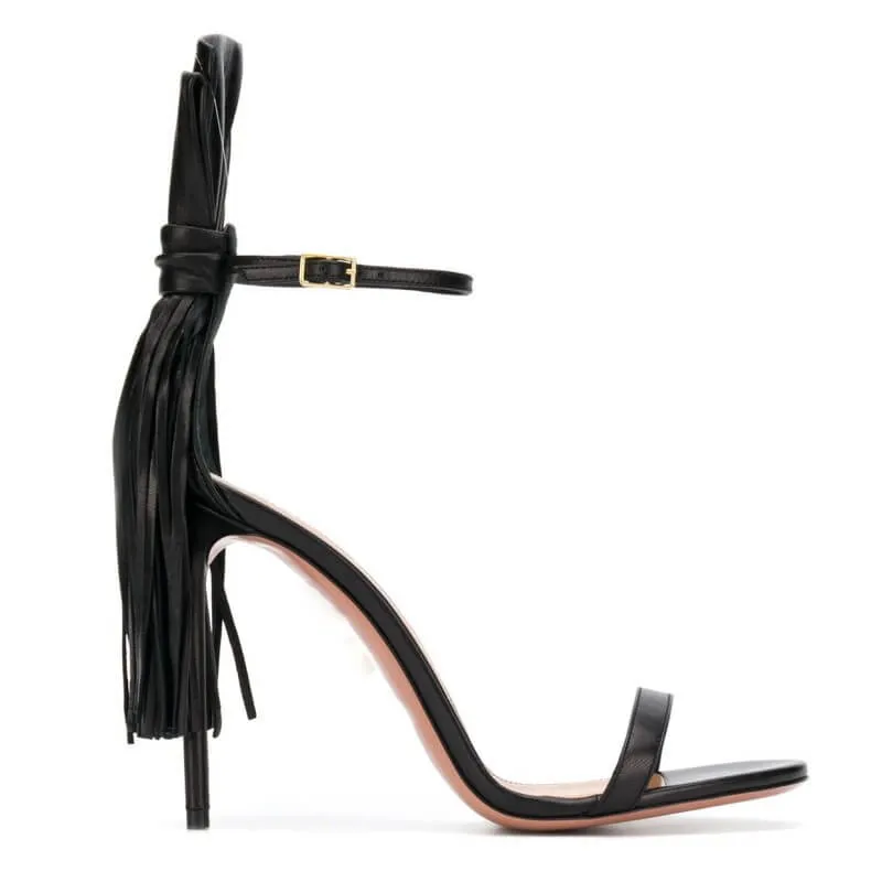 Black Fringe Open Toe Leather Stiletto Heel Sandals