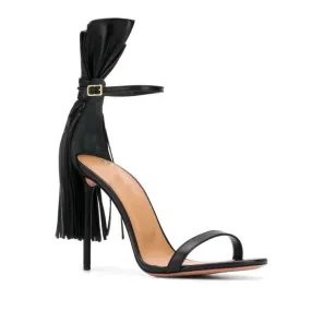 Black Fringe Open Toe Leather Stiletto Heel Sandals