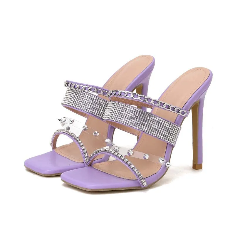 Crystal Studded Thin Heeled Square Toe Open Toe Transparent Slippers Sandals