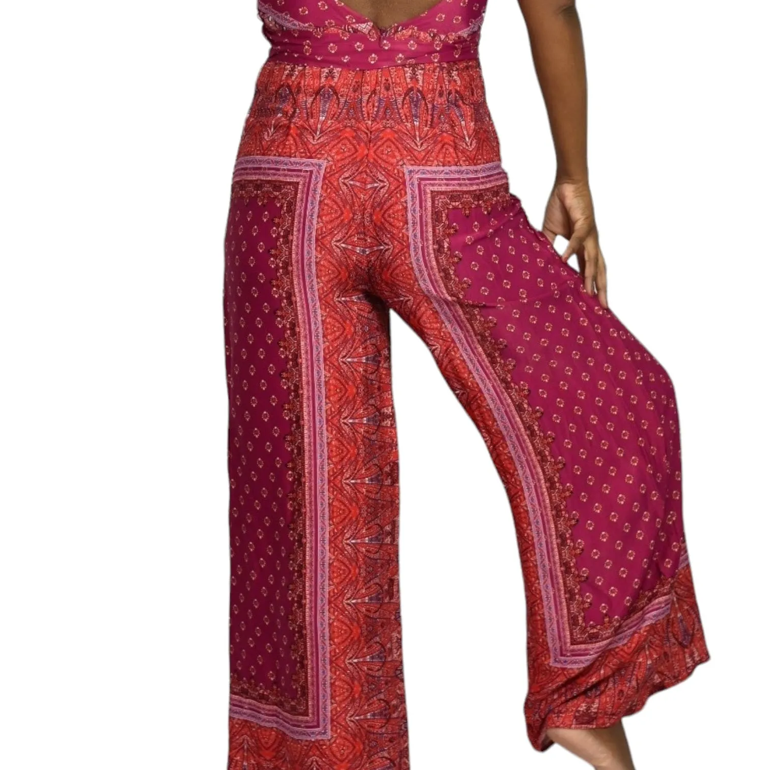 Free People Cabbage Rose Jumpsuit Pink Floral Scarf Print Silky Wide Leg Spaghetti Strap Belted Size 4