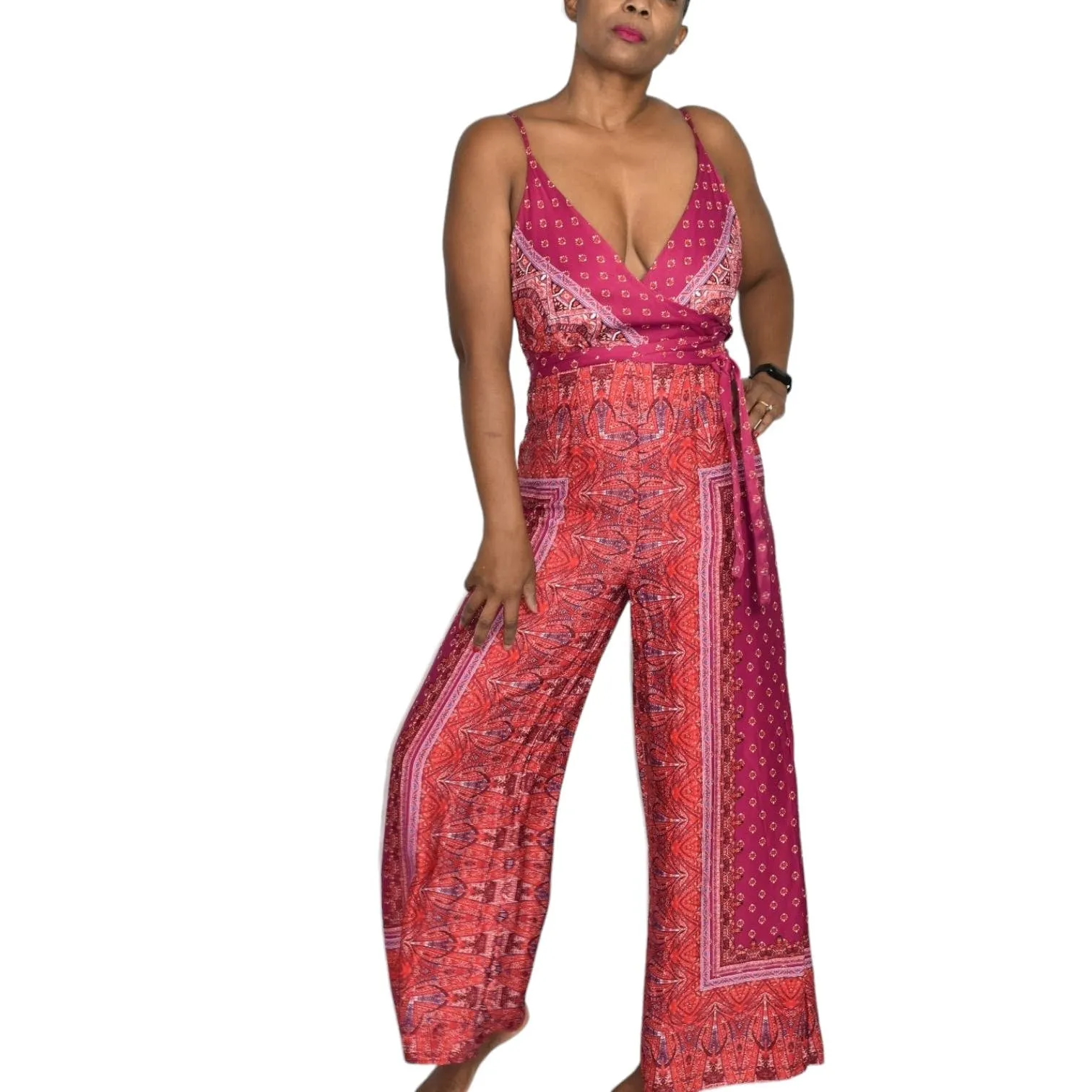 Free People Cabbage Rose Jumpsuit Pink Floral Scarf Print Silky Wide Leg Spaghetti Strap Belted Size 4