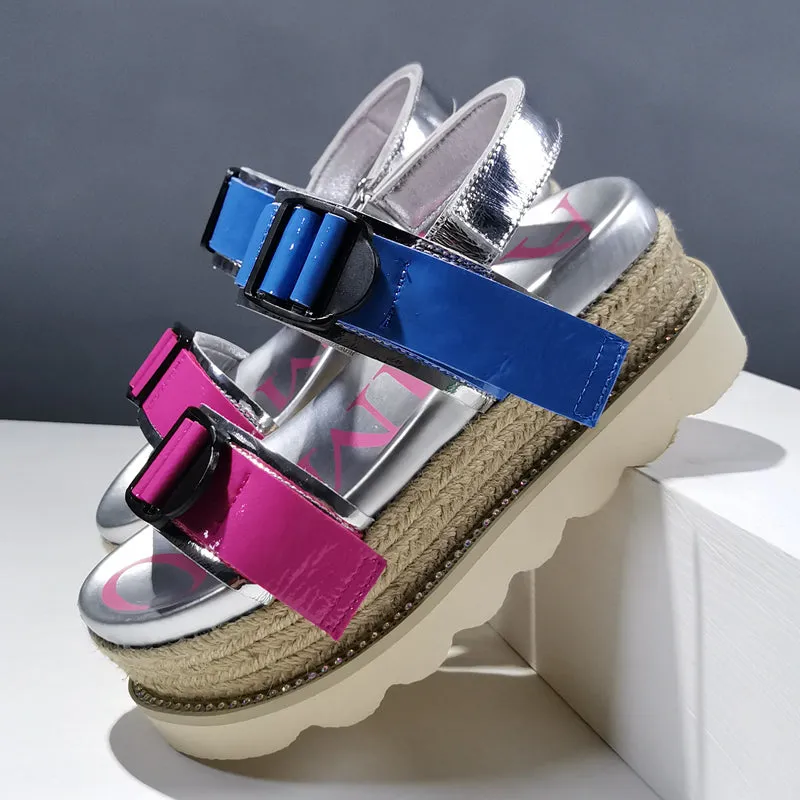 JENNO ROCILA OPEN TOE LEATHER CASUAL PLATFORM SANDALS IN MULTI COLOR