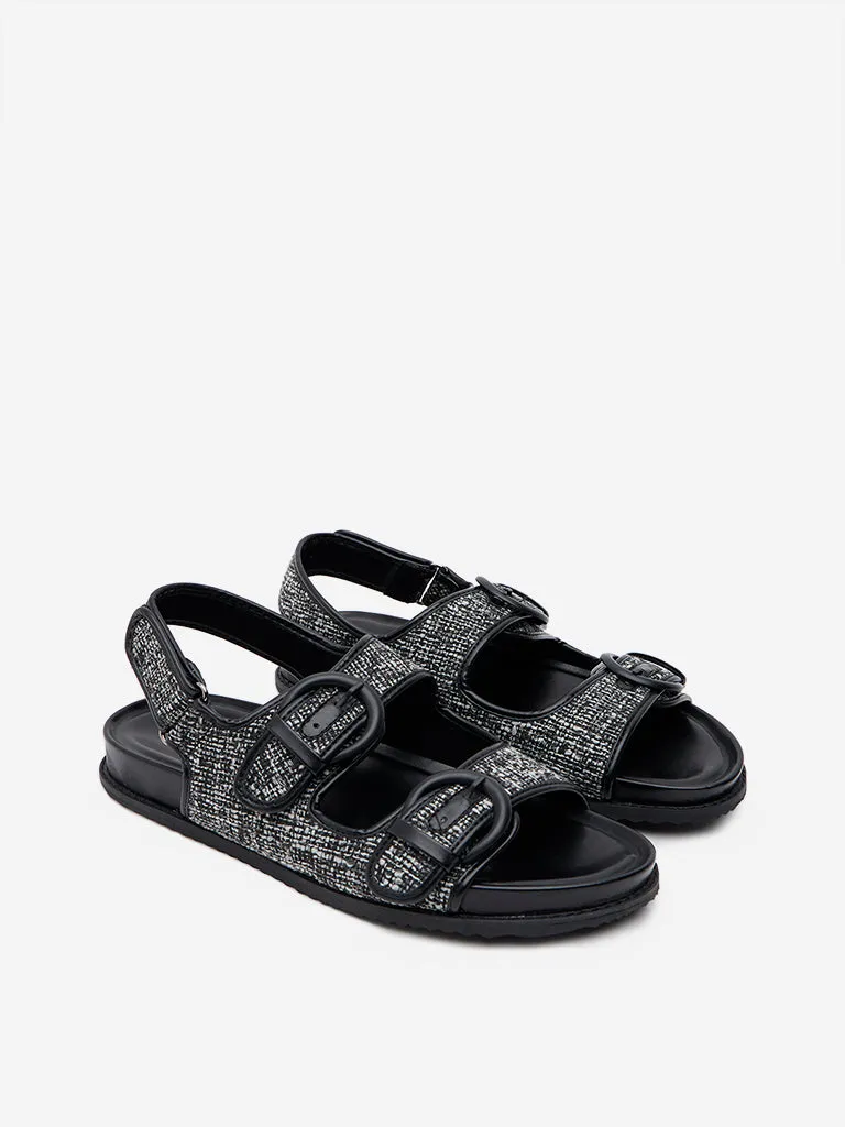 LUNA BLU Black Textured Slingback Comfort Sandals