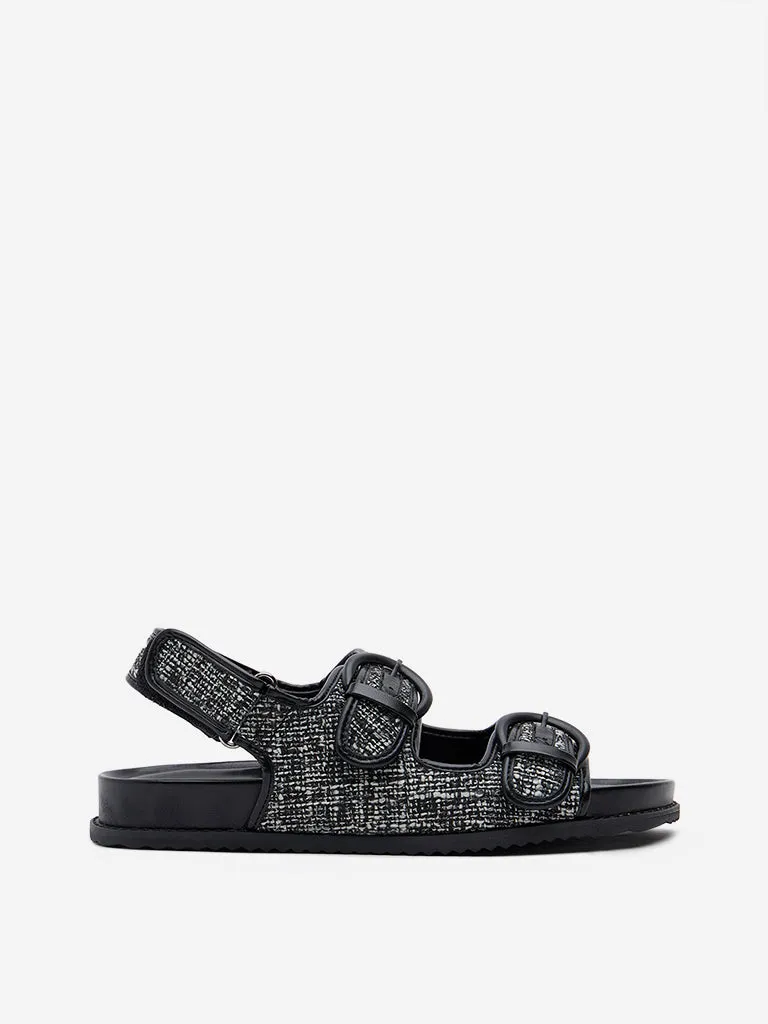 LUNA BLU Black Textured Slingback Comfort Sandals